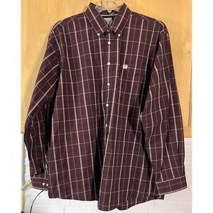 Cinch Plaid Button Down Shirt Mens Large Burgundy Western Long Sleeve
